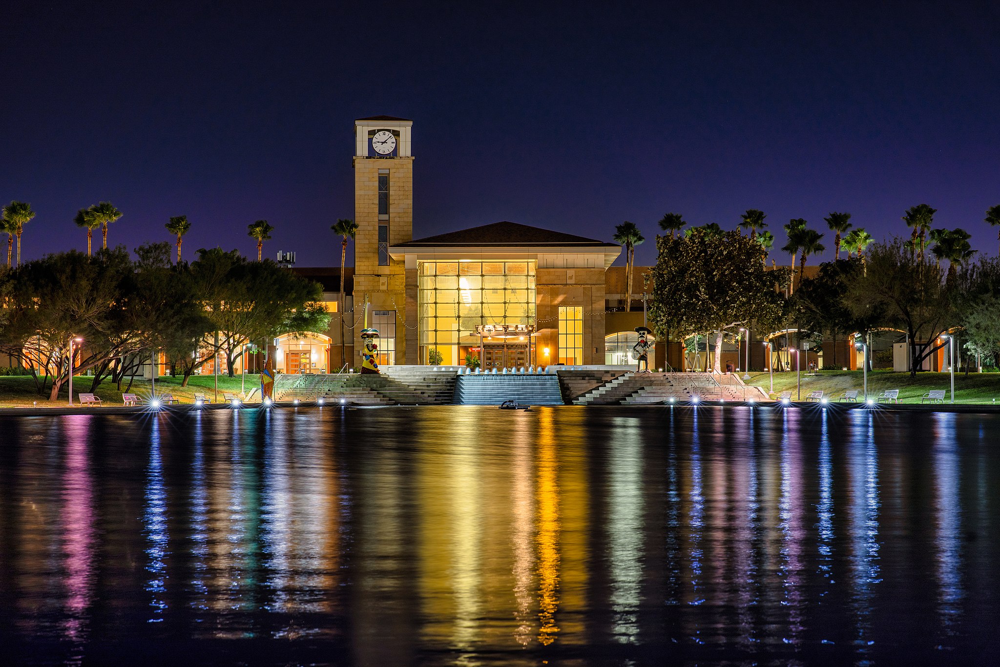 mcallen convention center building at night with water feature